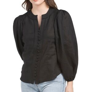 ELIE TAHARI Women’s Black Linen Blouson Sleeve Split V-Neck Button Down Blouse